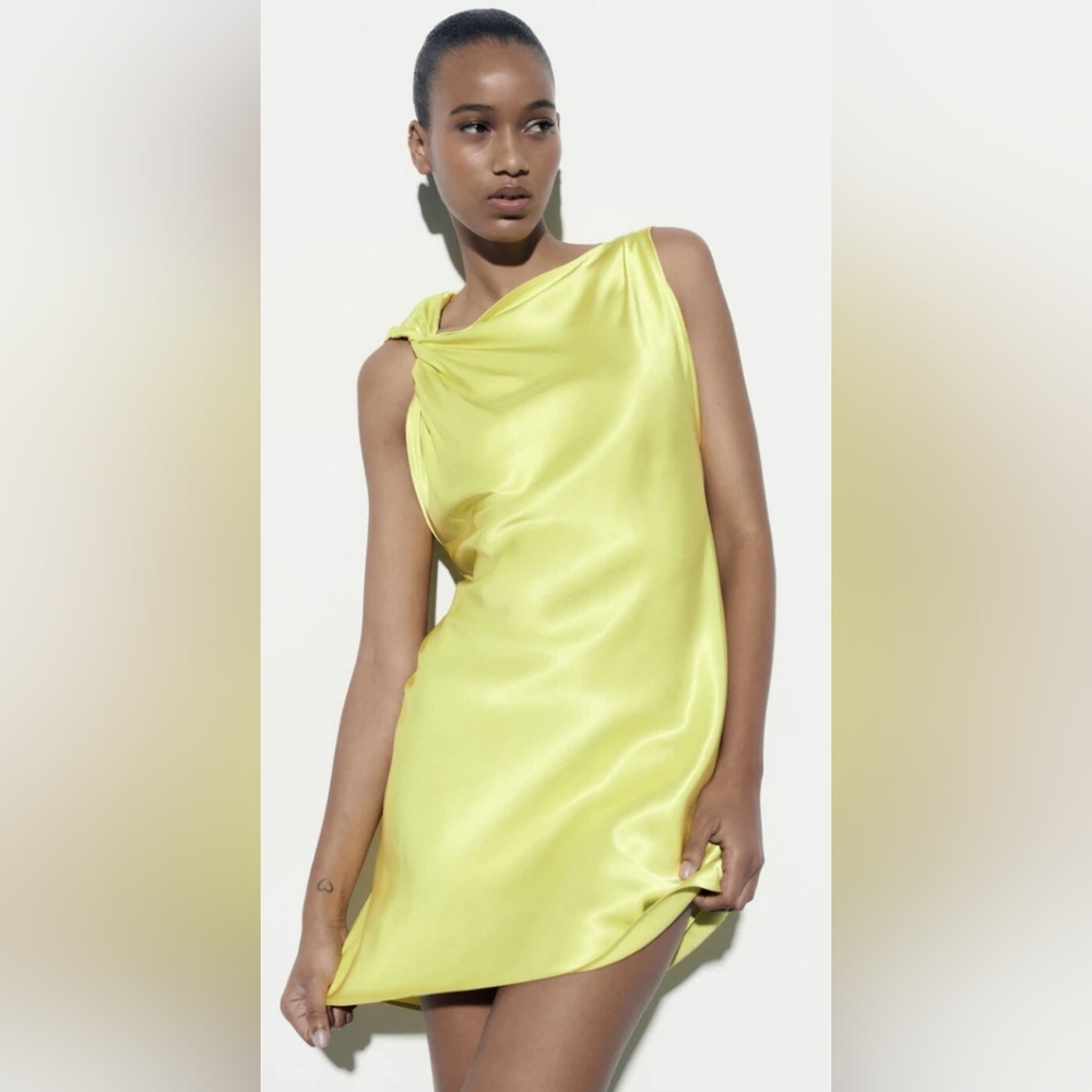 Zara Satiny Lime Green Knotted Strap Mini Dress